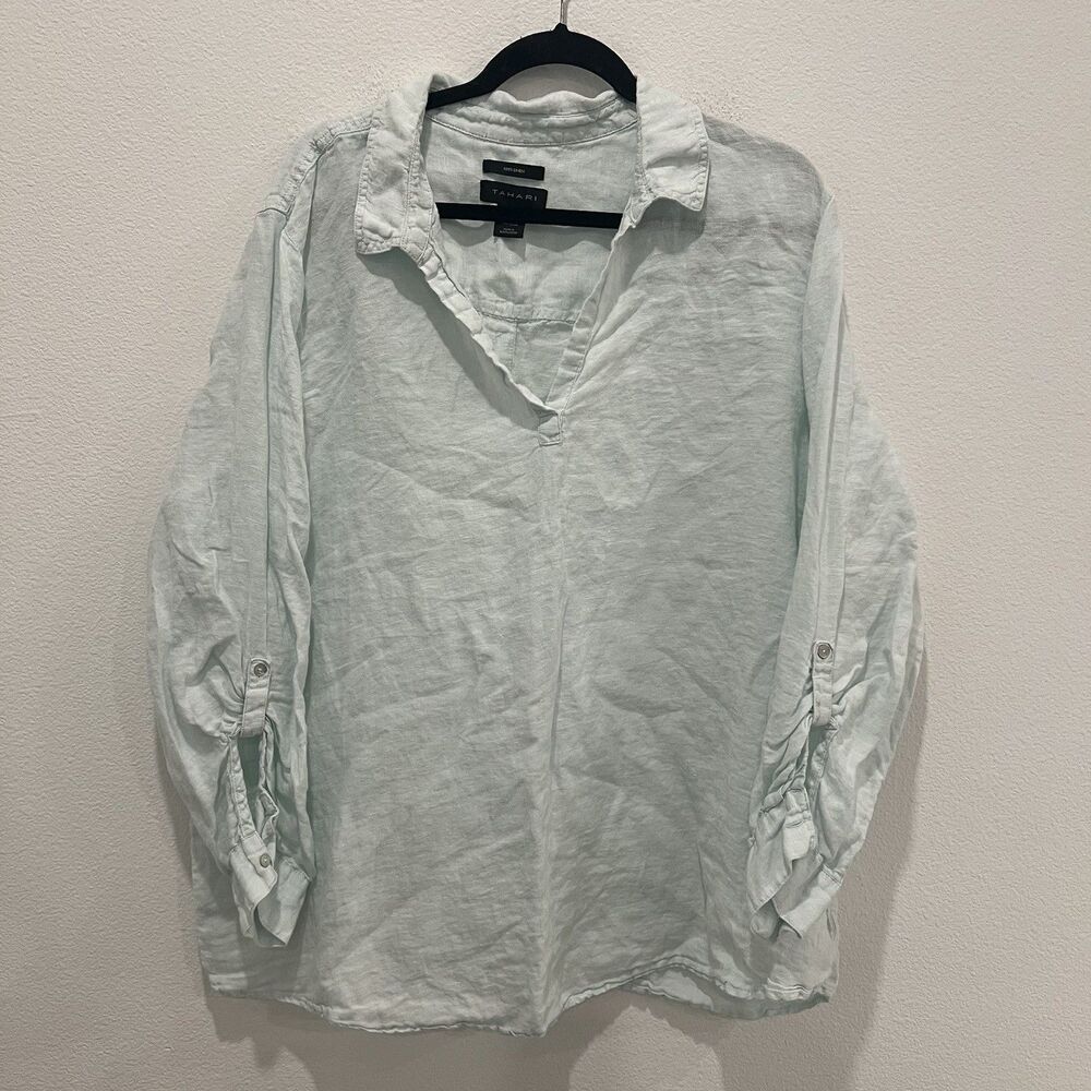 Tahari Linen Button Up Shirt Womens 3X Mint Popover Coastal Mother Pearl Button